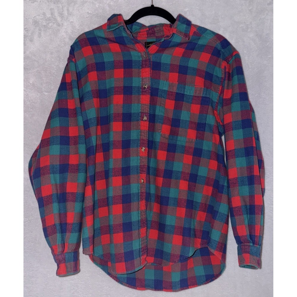 VTG Eddie Bauer Womens Medium Multicolor Flannel Shirt Button Plaid Pocket